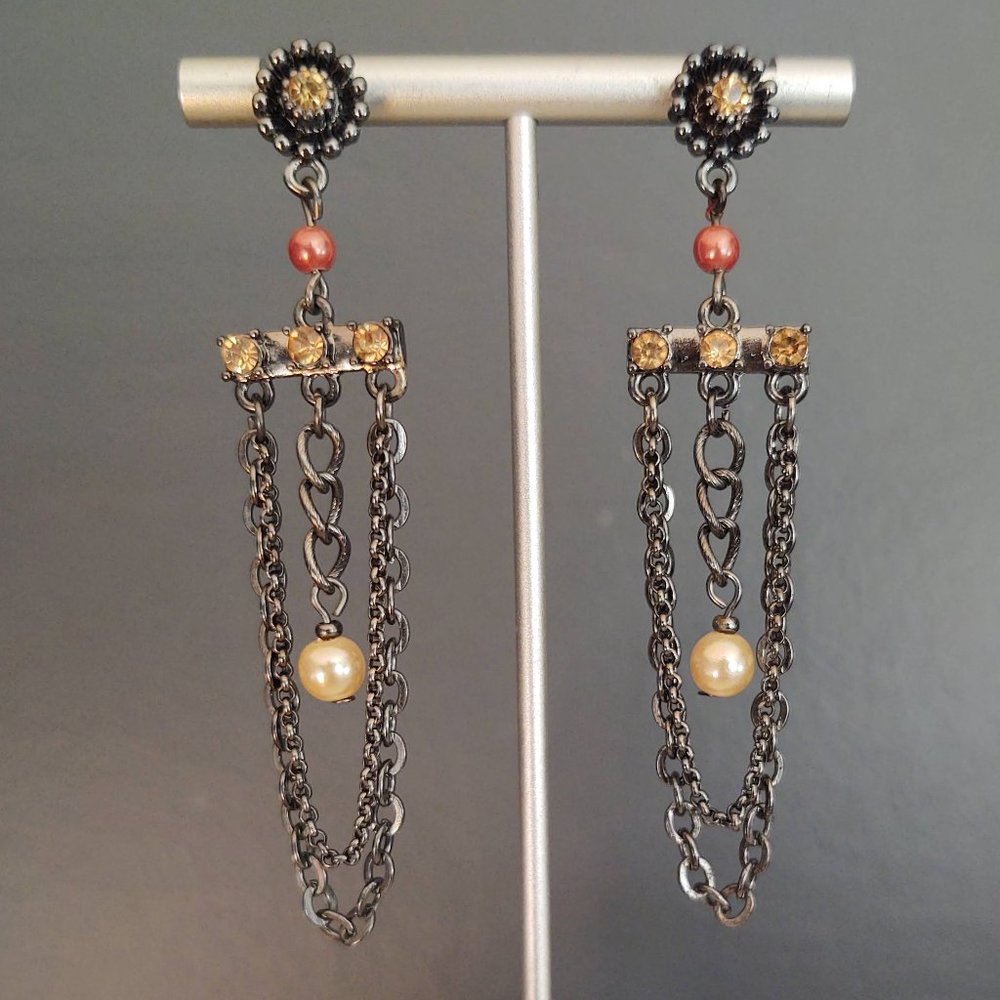 Bead, faux pearl and chain earrings